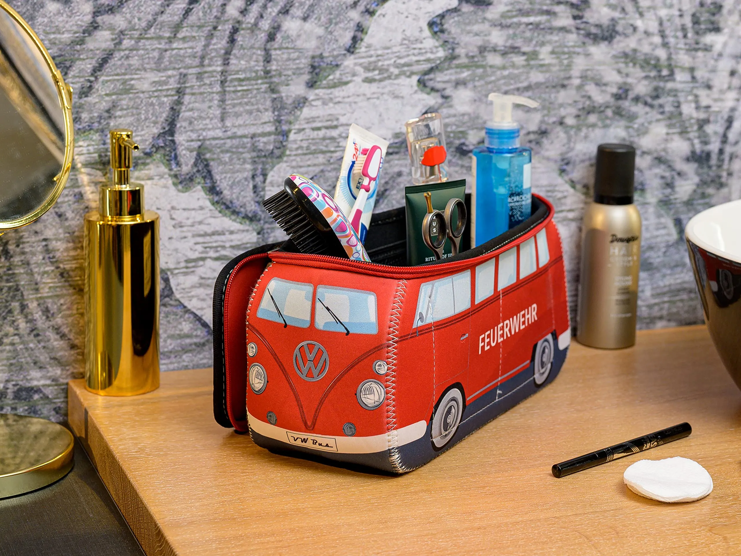 BRISA VW Collection - Volkswagen Neoprene Universal Makeup Cosmetics Toiletry Travel Pharmacy Bag in T1 Bus Design (Firetruck/Red) (Large (11.8 x 5.5 x 4.7 inches))