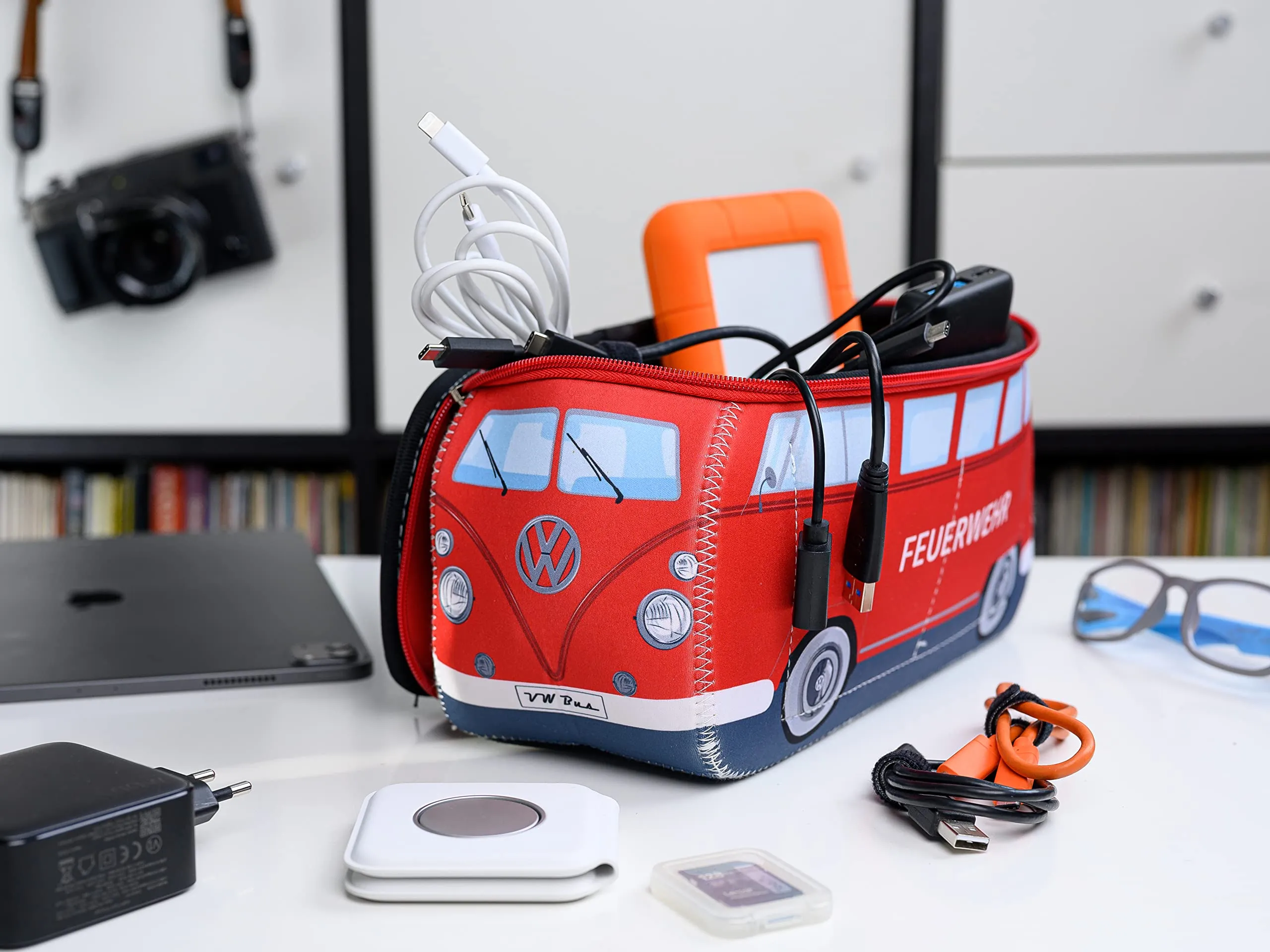 BRISA VW Collection - Volkswagen Neoprene Universal Makeup Cosmetics Toiletry Travel Pharmacy Bag in T1 Bus Design (Firetruck/Red) (Large (11.8 x 5.5 x 4.7 inches))