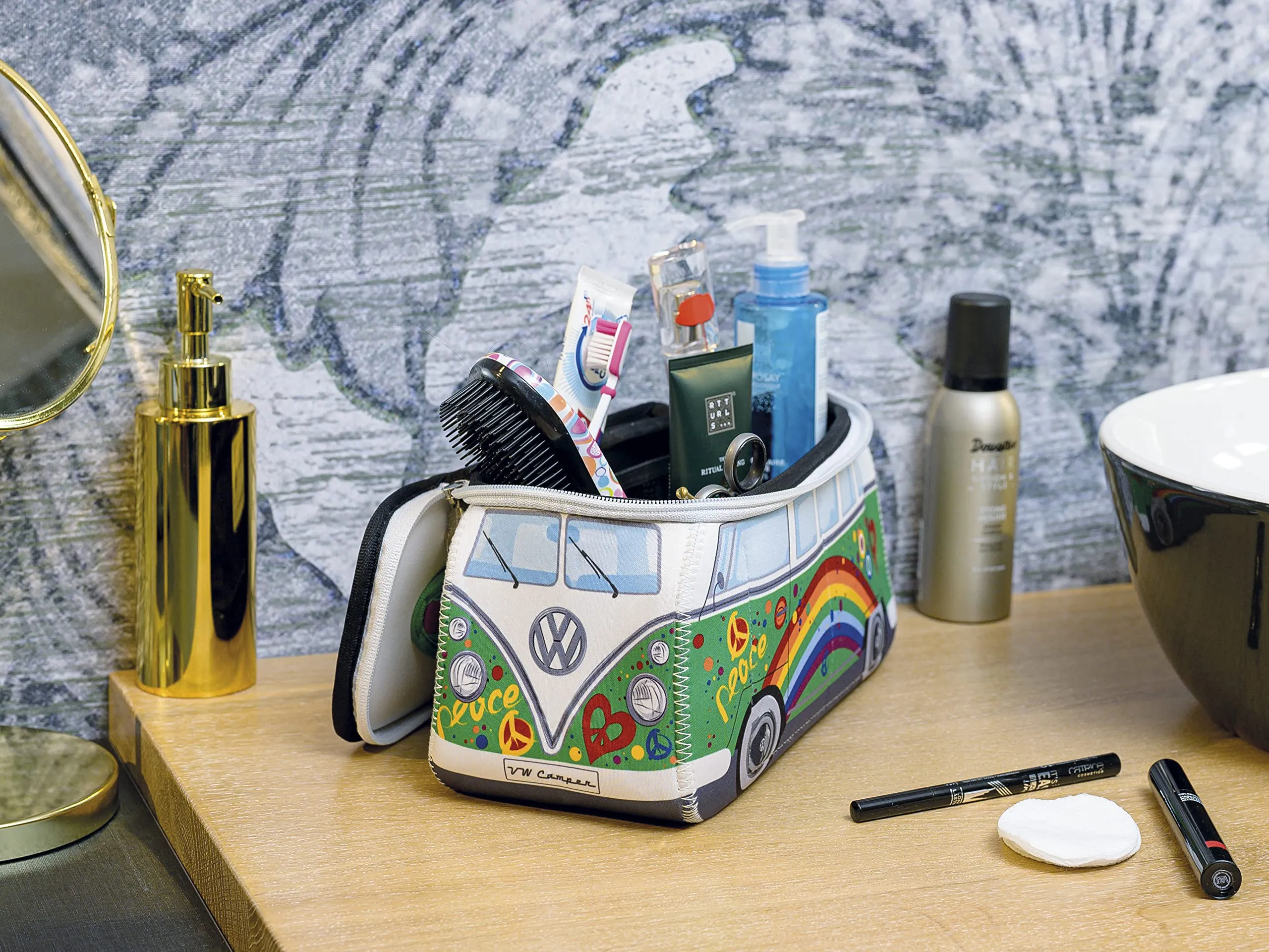 BRISA VW Collection - Volkswagen Neoprene Universal Makeup Cosmetics Toiletry Travel Pharmacy Bag in T1 Bus Design (Peace/Green) (Large (11.8 x 5.5 x 4.7 inches))