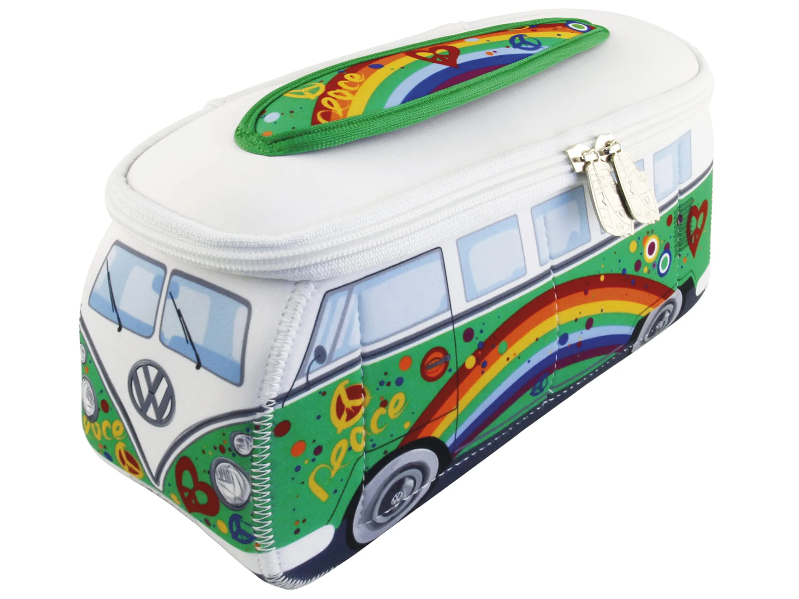 BRISA VW Collection - Volkswagen Neoprene Universal Makeup Cosmetics Toiletry Travel Pharmacy Bag in T1 Bus Design (Peace/Green) (Large (11.8 x 5.5 x 4.7 inches))