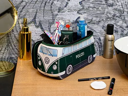 BRISA VW Collection - Volkswagen Neoprene Universal Makeup Cosmetics Toiletry Travel Pharmacy Bag in T1 Bus Design (Police/Green) (Large (11.8 x 5.5 x 4.7 inches))