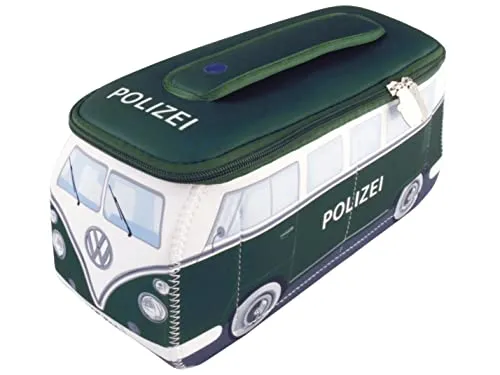 BRISA VW Collection - Volkswagen Neoprene Universal Makeup Cosmetics Toiletry Travel Pharmacy Bag in T1 Bus Design (Police/Green) (Large (11.8 x 5.5 x 4.7 inches))