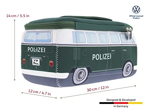 BRISA VW Collection - Volkswagen Neoprene Universal Makeup Cosmetics Toiletry Travel Pharmacy Bag in T1 Bus Design (Police/Green) (Large (11.8 x 5.5 x 4.7 inches))
