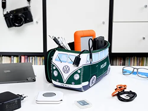 BRISA VW Collection - Volkswagen Neoprene Universal Makeup Cosmetics Toiletry Travel Pharmacy Bag in T1 Bus Design (Police/Green) (Large (11.8 x 5.5 x 4.7 inches))