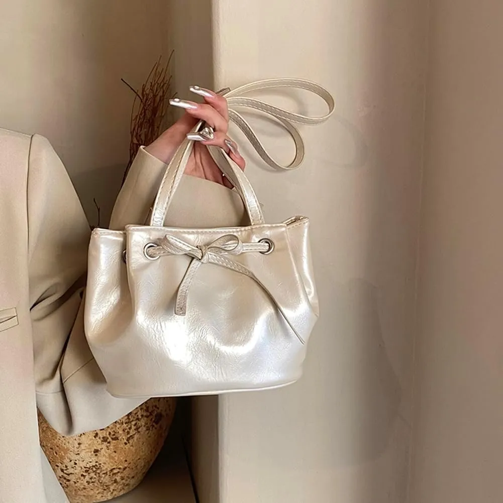 Bucket Purses for Women PU Leather Shoulder Bag Bucket Tote Purse Y2K Hobo Handbag Bow Underarm Bag