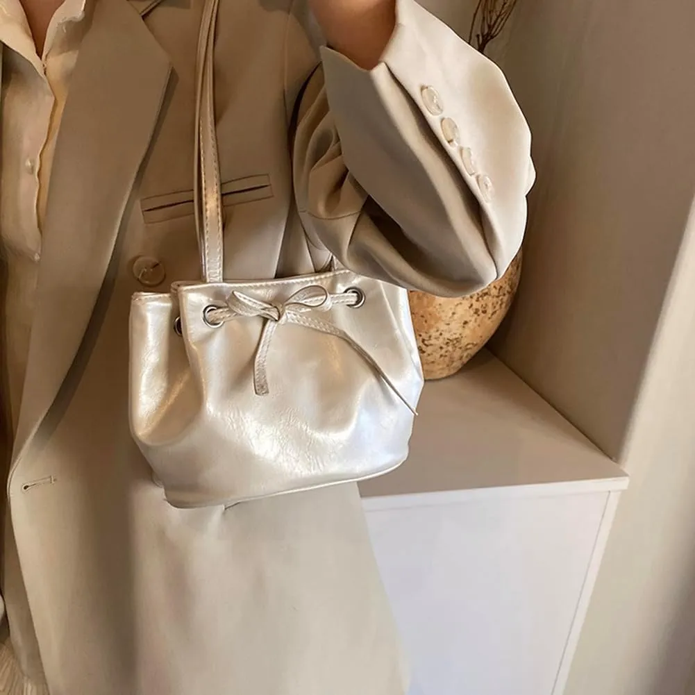Bucket Purses for Women PU Leather Shoulder Bag Bucket Tote Purse Y2K Hobo Handbag Bow Underarm Bag