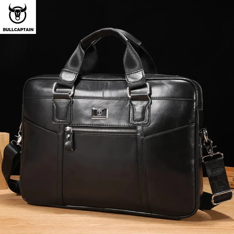 BULLCAPTAIN Men's Leather Briefcase Can Be Used For 15.5-Inch Notebook Large-Capacity Work Bags Business Shoulder Messenger Bag