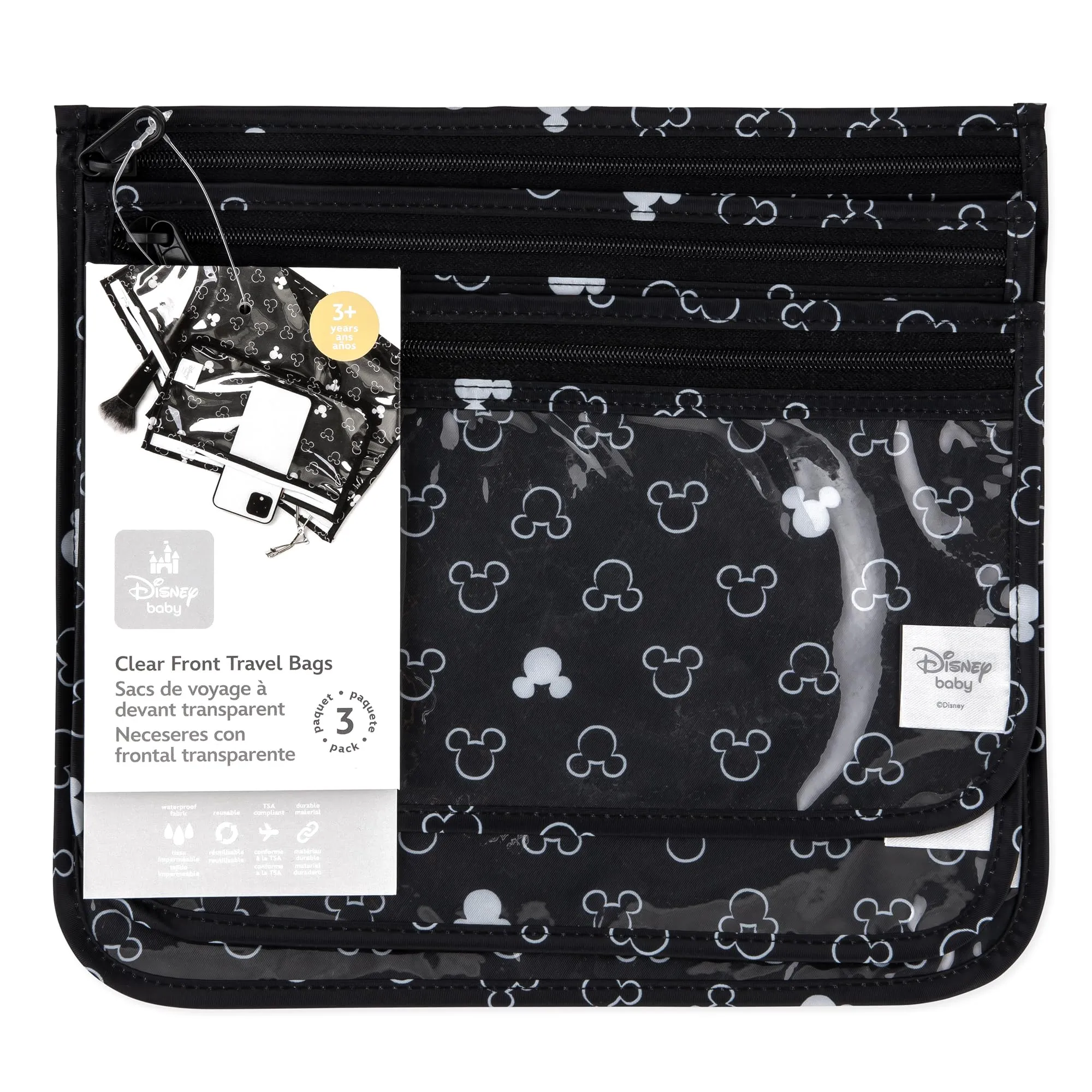 Bumkins Disney Travel Bag, Toiletry, TSA Approved Pouch, Zip Bag, Quart Size Airline Compliant, Clear-Sided, Baby, Diaper Bag Organization, Accessories, Packing, Set of 3 Sizes, Mickey Mouse Icon