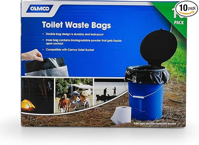 Camco Toilet Waste Bags - Features Biodegradable Powder & Leak Proof Double Bag Design - Great for Camping, RVing, Hiking, or Boating - 10-Pack (41548)