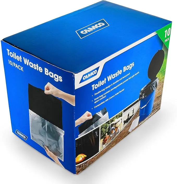Camco Toilet Waste Bags - Features Biodegradable Powder & Leak Proof Double Bag Design - Great for Camping, RVing, Hiking, or Boating - 10-Pack (41548)