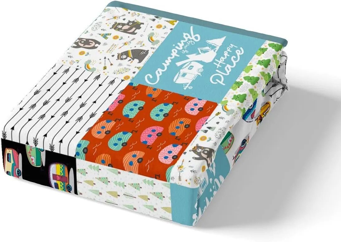 Camping Theme Bedding Set for Girls Boys Children Camper Comforter Cover Camping Travel Car Pattern Duvet Cover Room Decor Splicing Style Bedspread Cover Full Size Bedding Collection 3Pcs