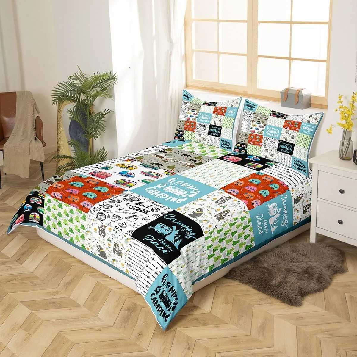 Camping Theme Bedding Set for Girls Boys Children Camper Comforter Cover Camping Travel Car Pattern Duvet Cover Room Decor Splicing Style Bedspread Cover Full Size Bedding Collection 3Pcs