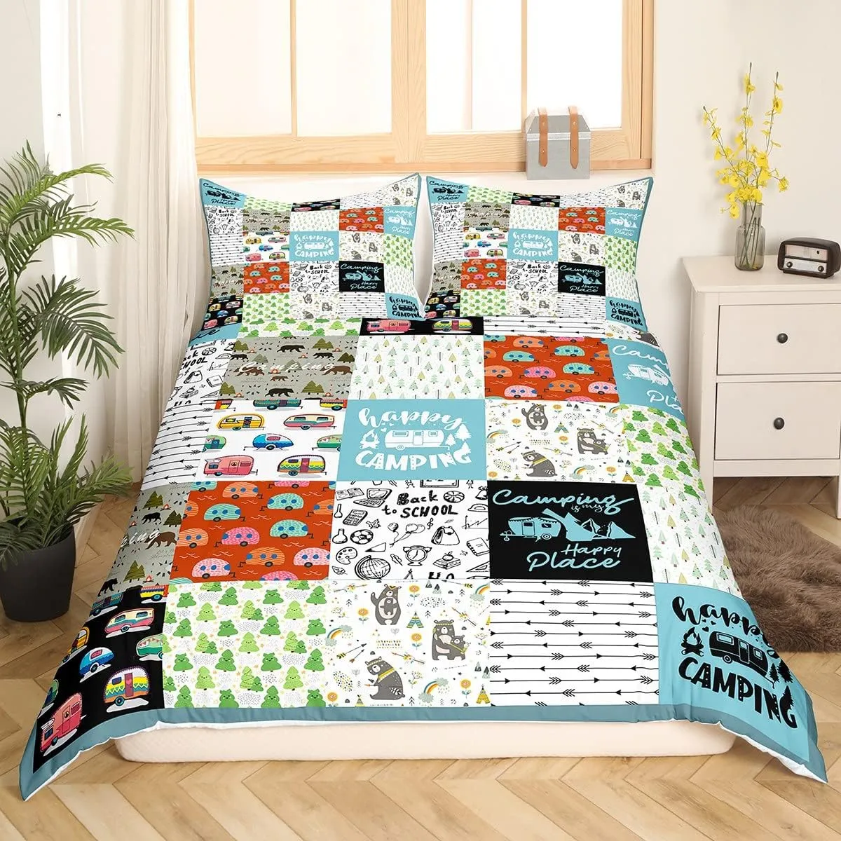 Camping Theme Bedding Set for Girls Boys Children Camper Comforter Cover Camping Travel Car Pattern Duvet Cover Room Decor Splicing Style Bedspread Cover Full Size Bedding Collection 3Pcs