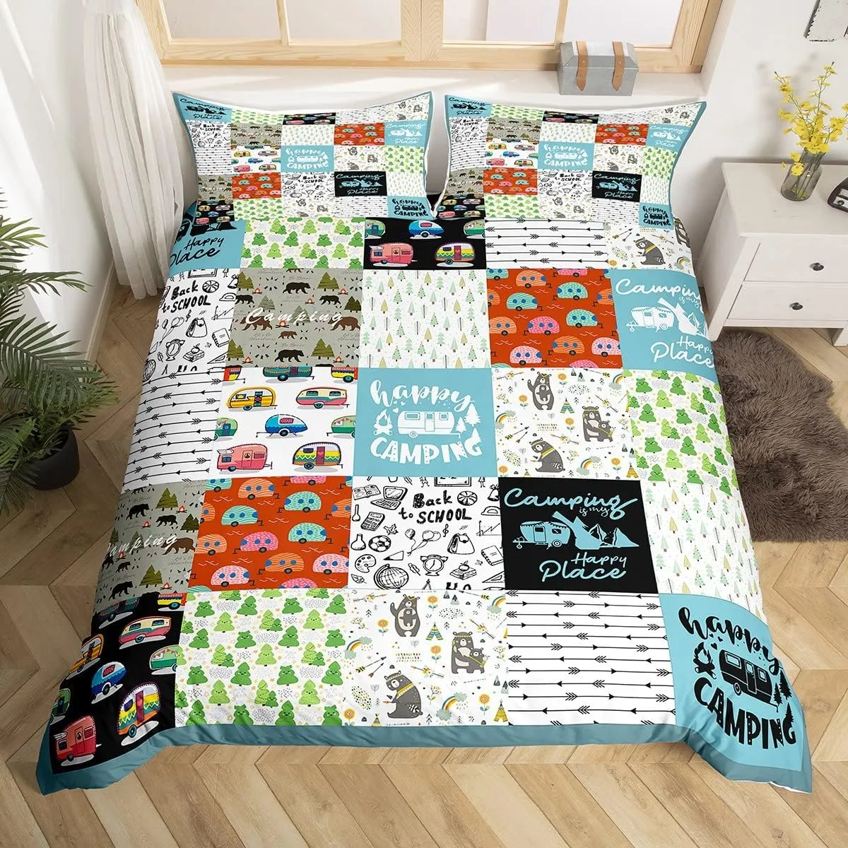 Camping Theme Bedding Set for Girls Boys Children Camper Comforter Cover Camping Travel Car Pattern Duvet Cover Room Decor Splicing Style Bedspread Cover Full Size Bedding Collection 3Pcs