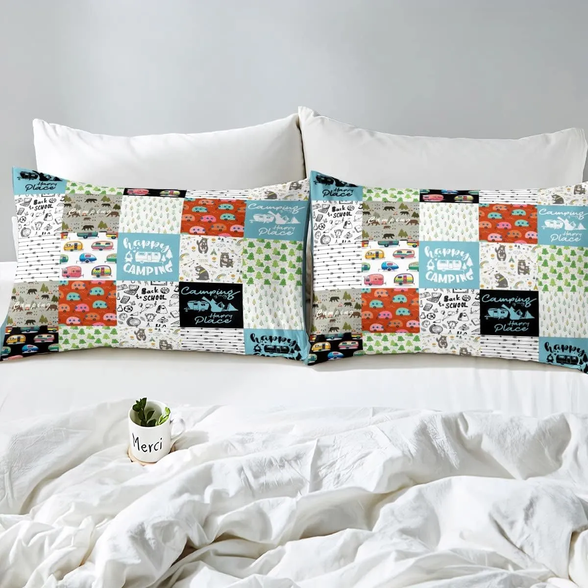 Camping Theme Bedding Set for Girls Boys Children Camper Comforter Cover Camping Travel Car Pattern Duvet Cover Room Decor Splicing Style Bedspread Cover Full Size Bedding Collection 3Pcs