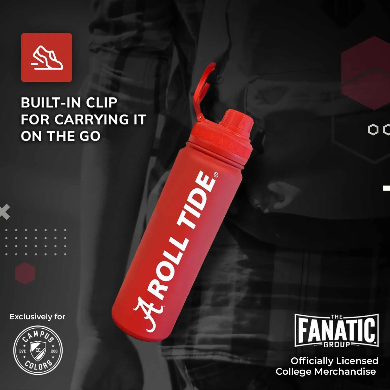 Campus Colors NCAA Stainless Steel Water Bottle - Twist on cap - 24 oz - Carry Clip - Keeps Your Drinks Hot or Cold for Hours (Alabama Crimson Tide - Crimson)