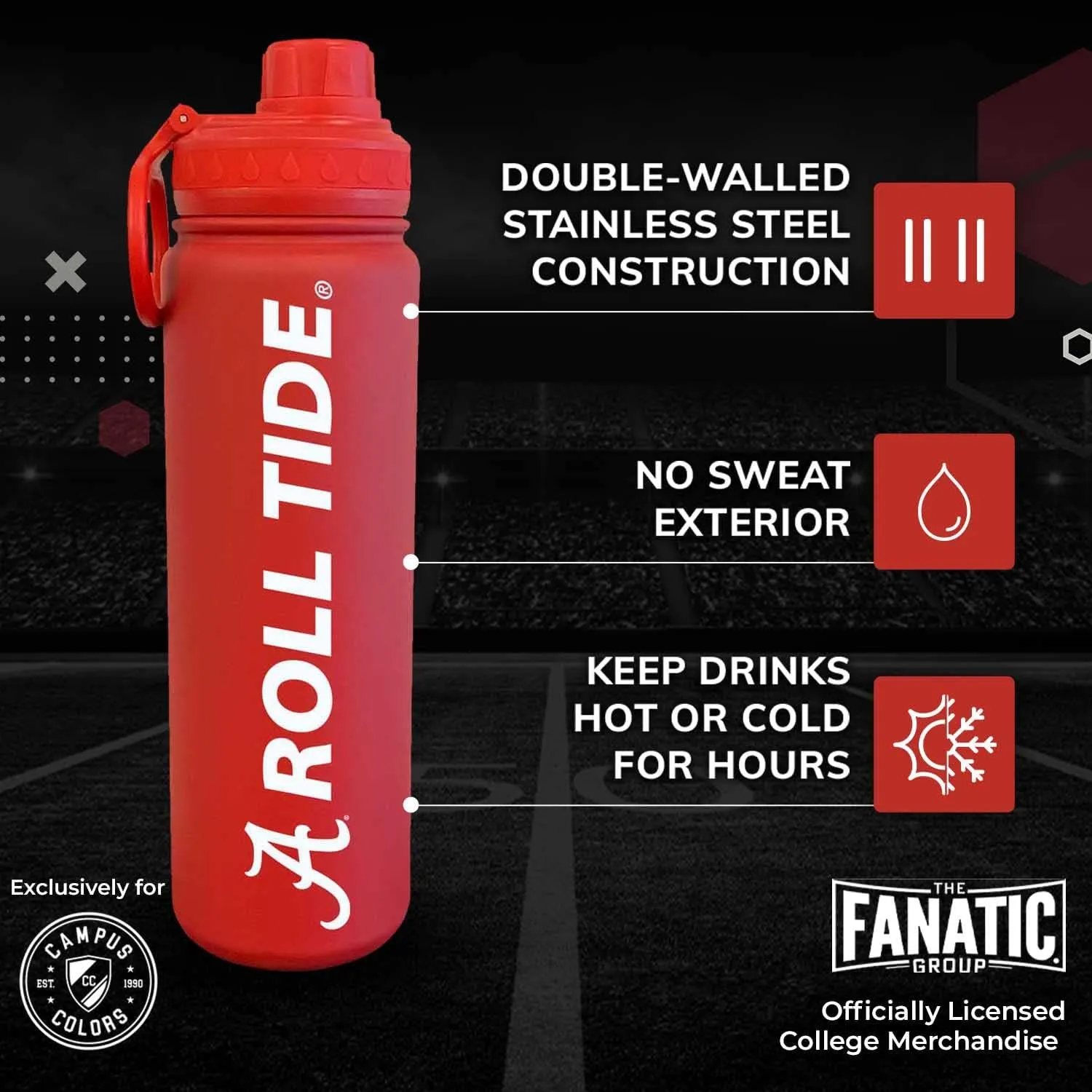 Campus Colors NCAA Stainless Steel Water Bottle - Twist on cap - 24 oz - Carry Clip - Keeps Your Drinks Hot or Cold for Hours (Alabama Crimson Tide - Crimson)
