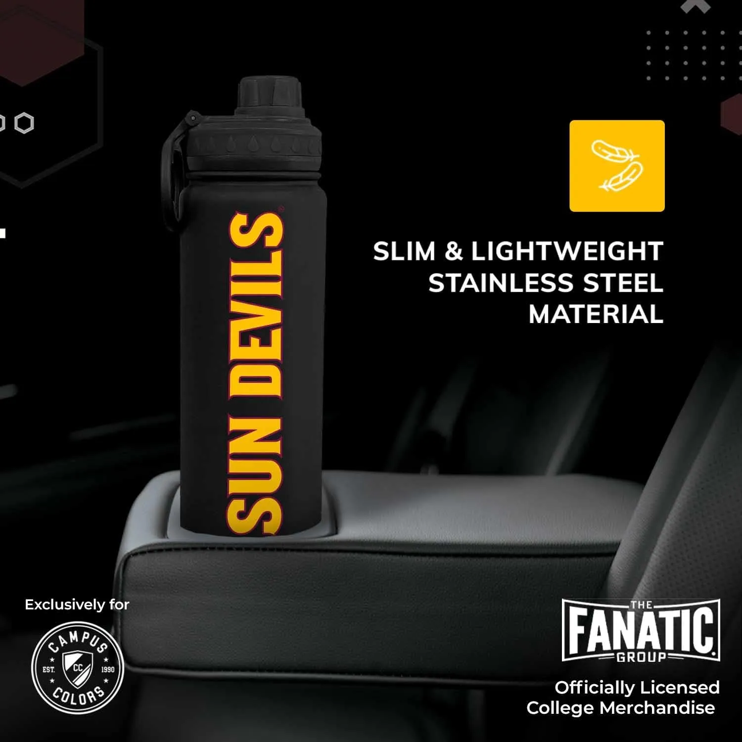 Campus Colors NCAA Stainless Steel Water Bottle - Twist on cap - 24 oz - Carry Clip - Keeps Your Drinks Hot or Cold for Hours (Arizona State Sun Devils - Black)