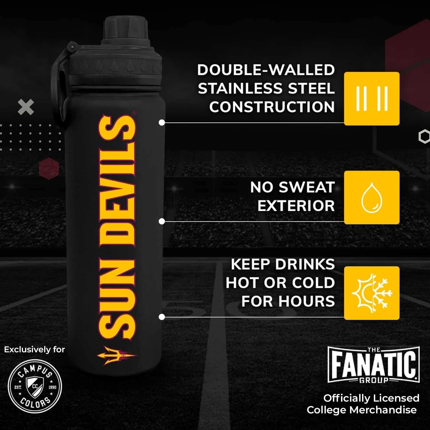 Campus Colors NCAA Stainless Steel Water Bottle - Twist on cap - 24 oz - Carry Clip - Keeps Your Drinks Hot or Cold for Hours (Arizona State Sun Devils - Black)