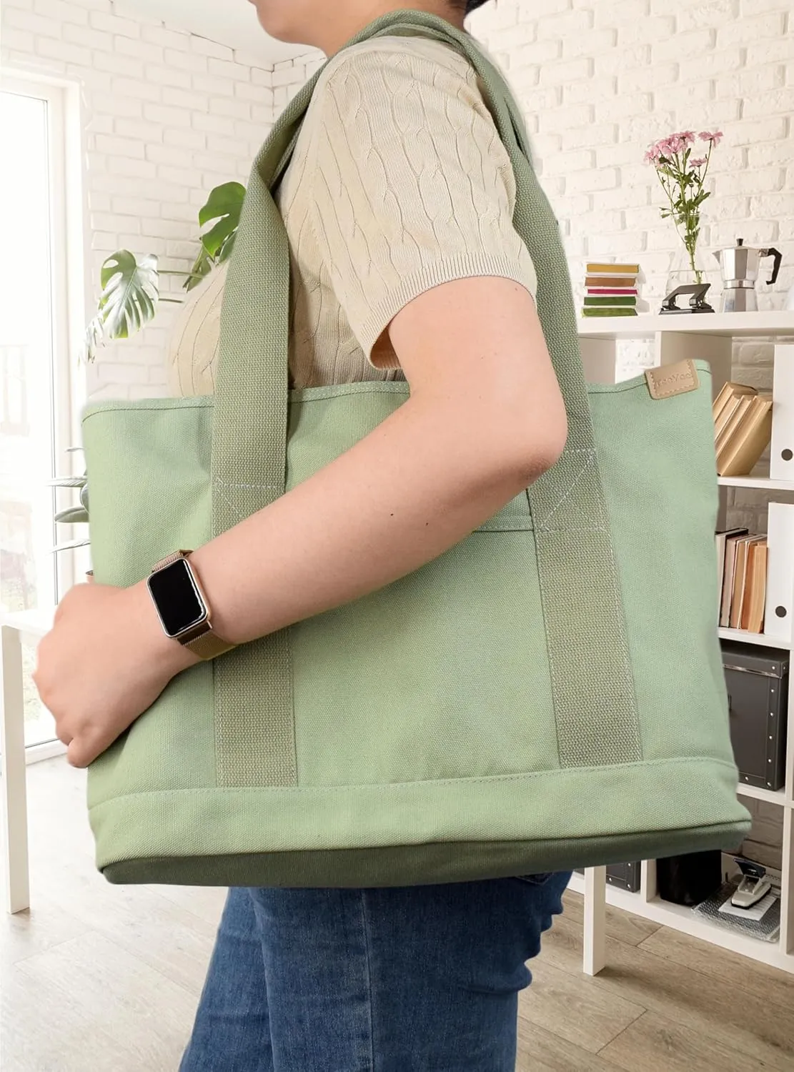 Canvas Tote Bag Casual Multi pockets Handbags Large Capacity Shopping Shoulder Bag with Pocket Bags Work Purses