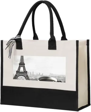 Canvas Tote Bag for Women Beach Tote Purse Reusable Grocery Bag Parisian Coffee Eiffel Tower Aesthetic Shopping Bags