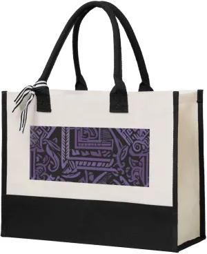 Canvas Tote Bag for Women Beach Tote Purse Reusable Grocery Bag Purple and black greek pattern Aesthetic Shopping Bags