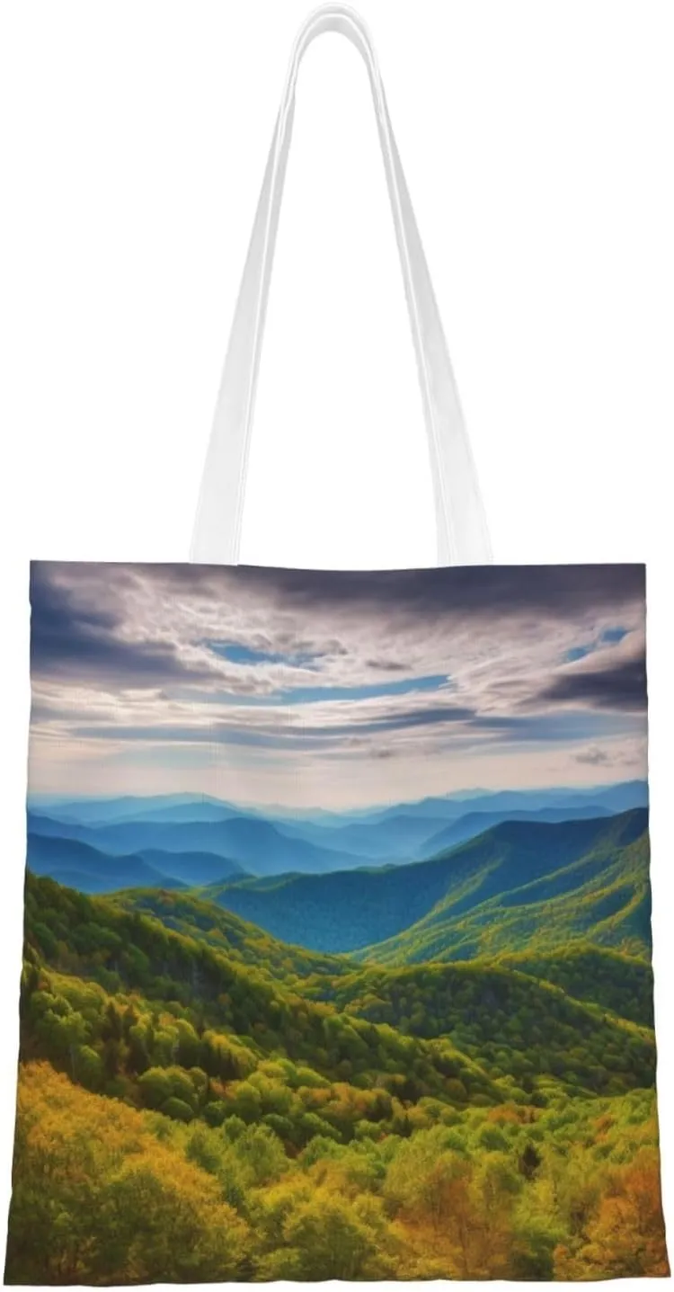 Canvas Tote Bag for Women Shoulder Tote Purse Reusable Grocery Bag Blue Ridge Parkway Mountains Aesthetic Shopping Bags
