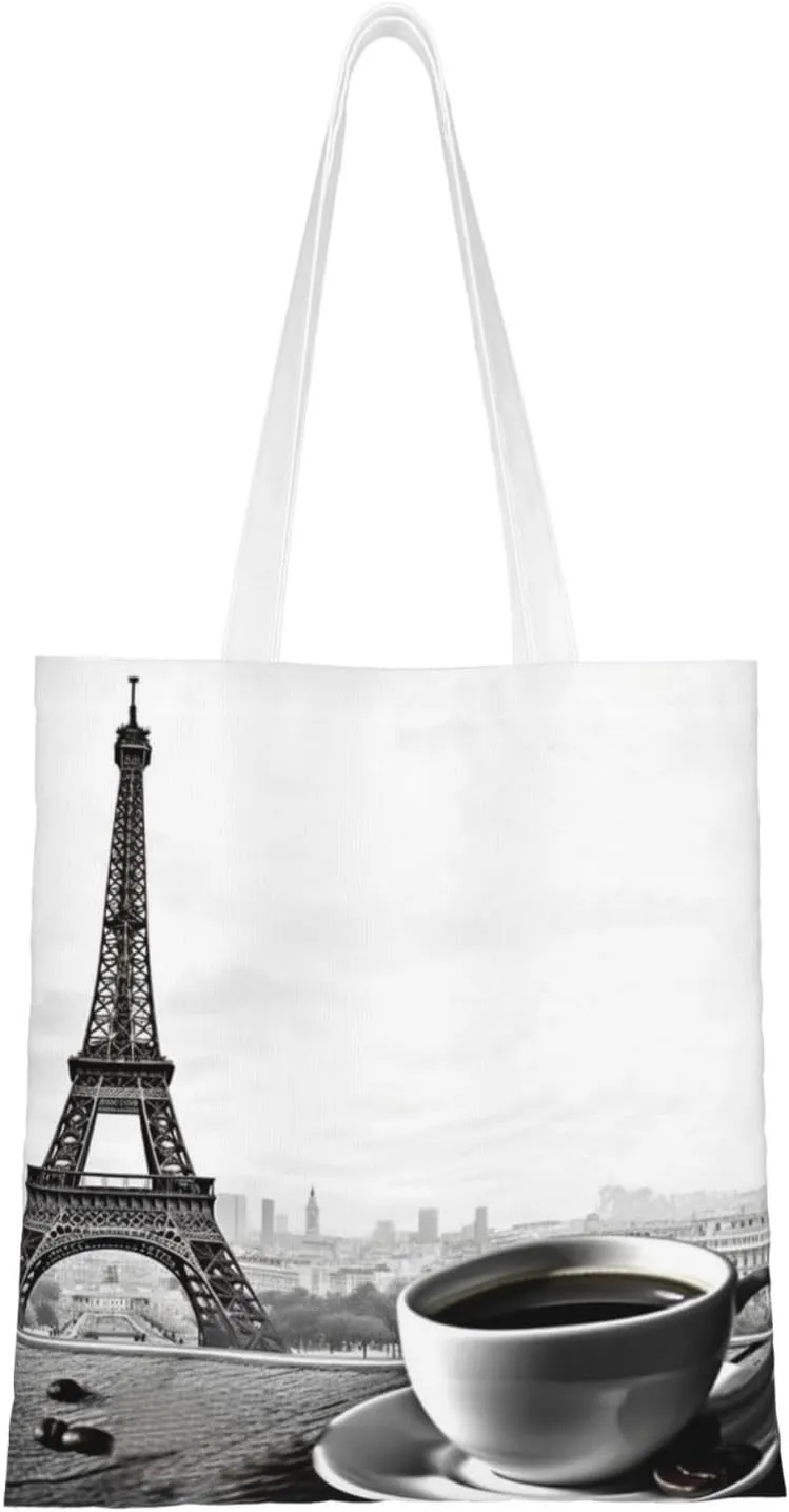 Canvas Tote Bag for Women Shoulder Tote Purse Reusable Grocery Bag Parisian Coffee Eiffel Tower Aesthetic Shopping Bags