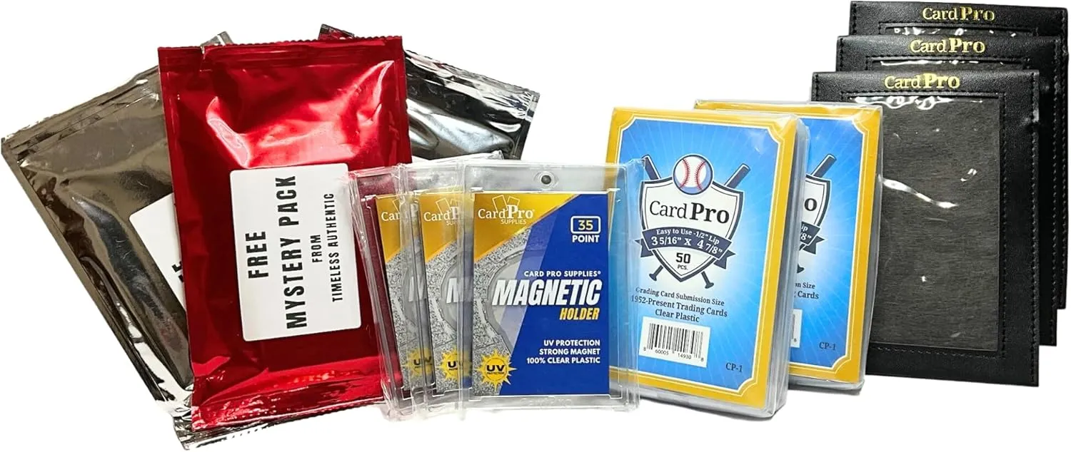 Card Pro Trading Card Supplies Mega Bundle Includes 2 Bundles of 50 Count Semi Rigid Submission Sleeves and 3 Magnetic One Touch Holders and 3 Leather-Like Holders with 3 Free Mystery Packs