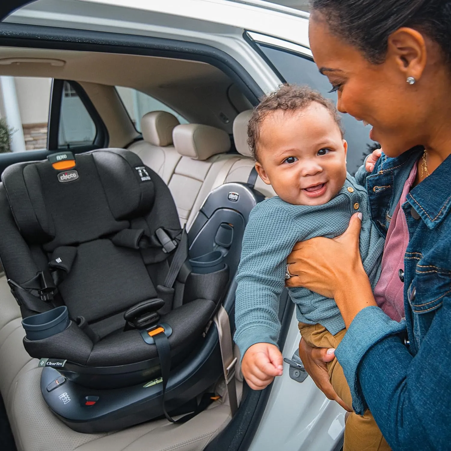 Chicco Fit360 ClearTex Rotating Convertible Car Seat with 360 Degree Rotation for Rear-Facing and Forward-Facing Usage, LeverLock Self-Tensioning Lock System | Drift/Grey