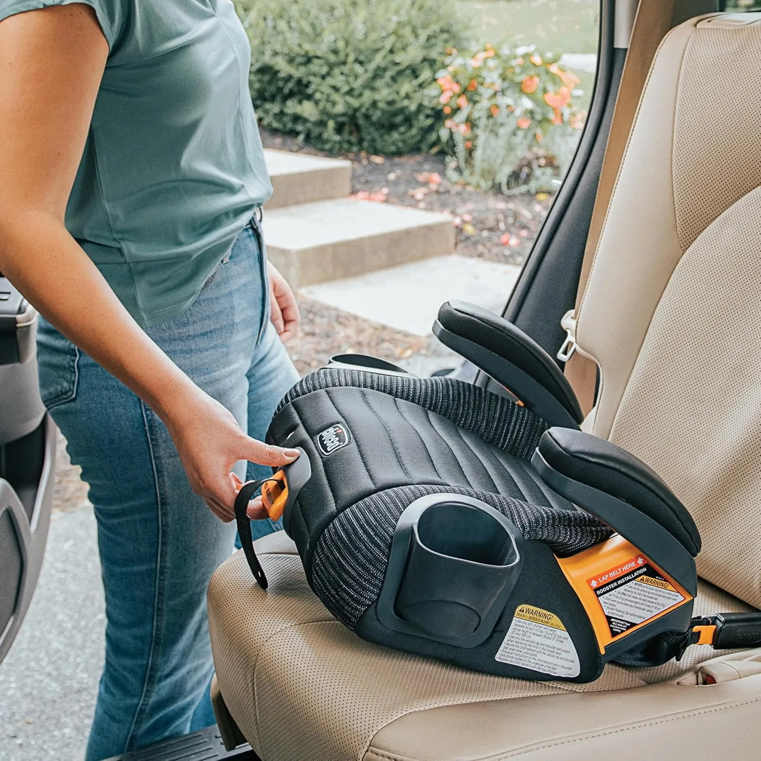 Chicco GoFit ClearTex Plus Backless Booster Car Seat, Latch Attachment, Quick-Release Latch Removal, Portable Car Booster Seat for Children at Least 4 Years Old and 40-110 lbs | Tropic/Green