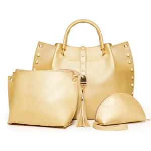 Classy Leather Luxury Design 3pcs Woman Apricot Handbag