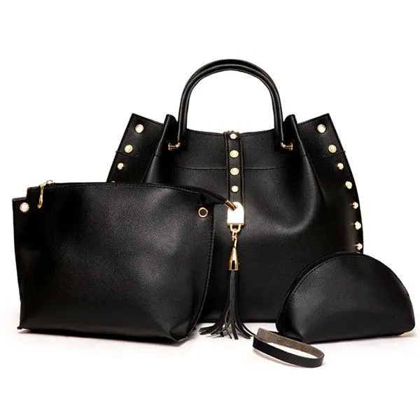 Classy Leather Luxury Design 3pcs Woman Gray Handbag