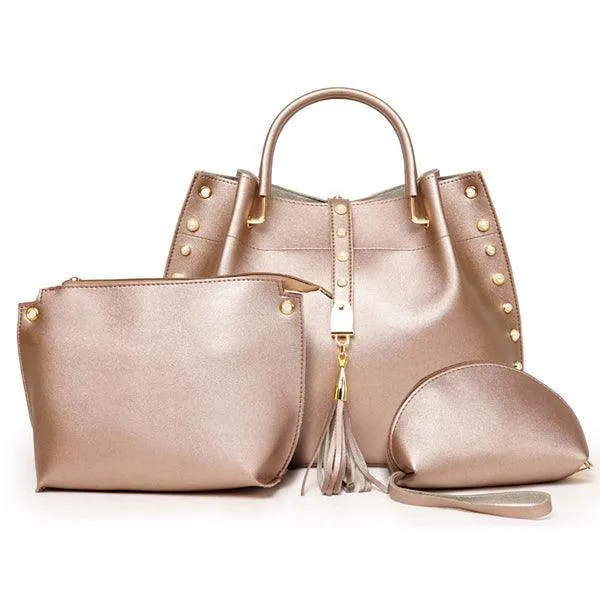 Classy Leather Luxury Design 3pcs Woman Gray Handbag