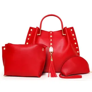 Classy Leather Luxury Design 3pcs Woman Red Wine Handbag