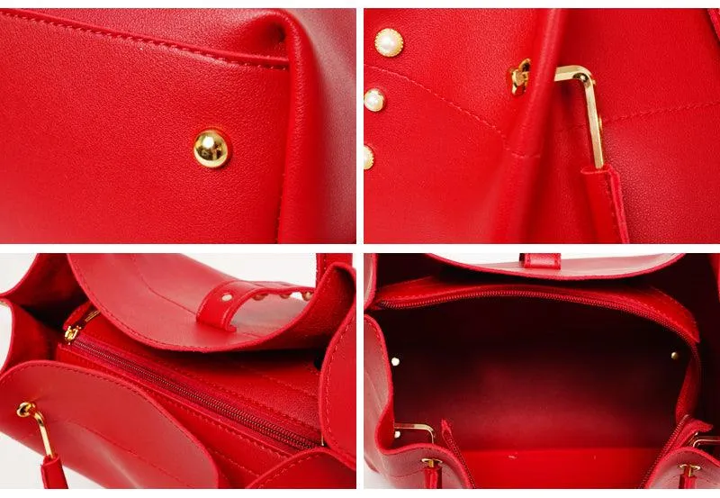 Classy Leather Luxury Design 3pcs Woman Red Wine Handbag