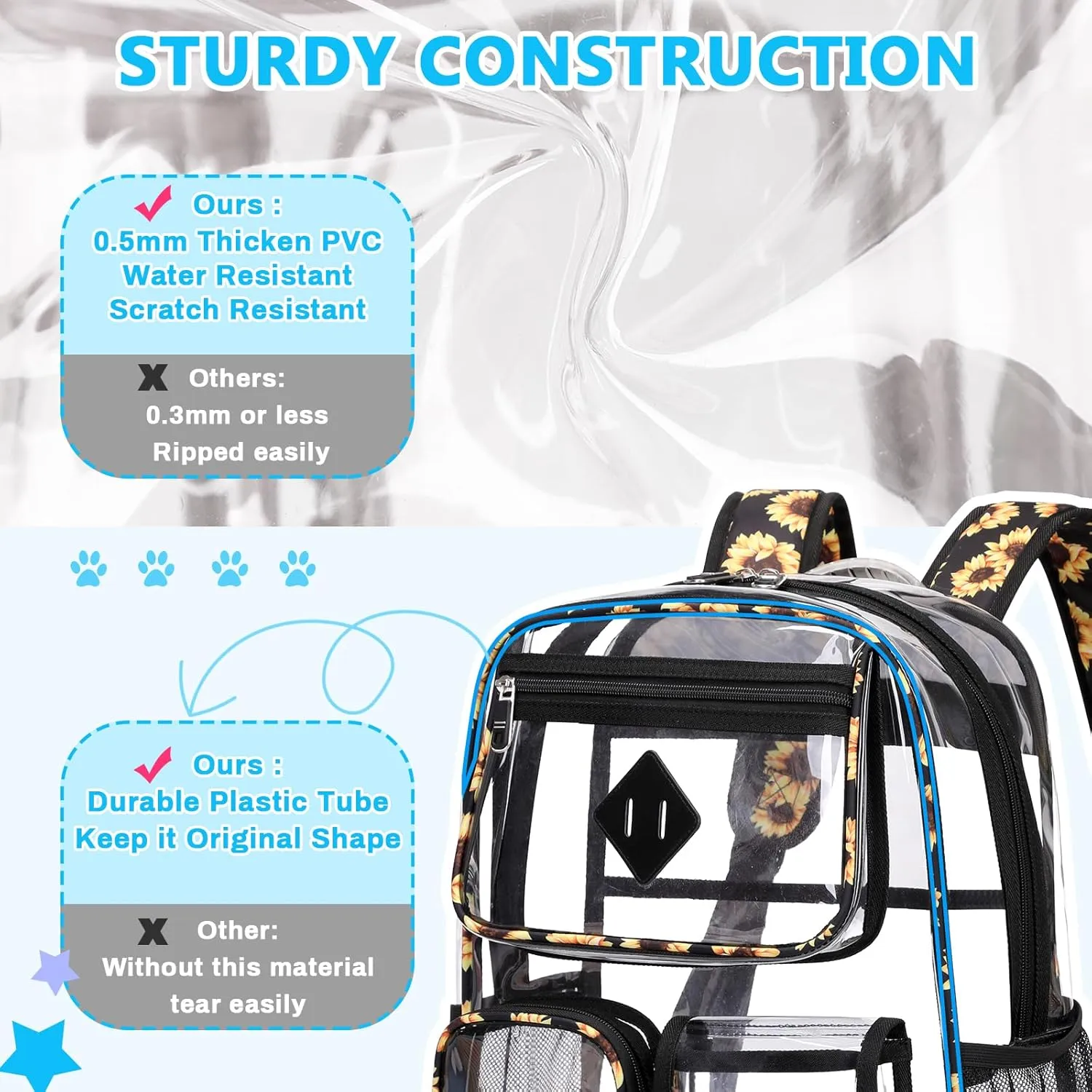Clear Backpack for School,Heavy Duty PVC Transparent Bookbag for Girls Stadium Approved See Through Backpack