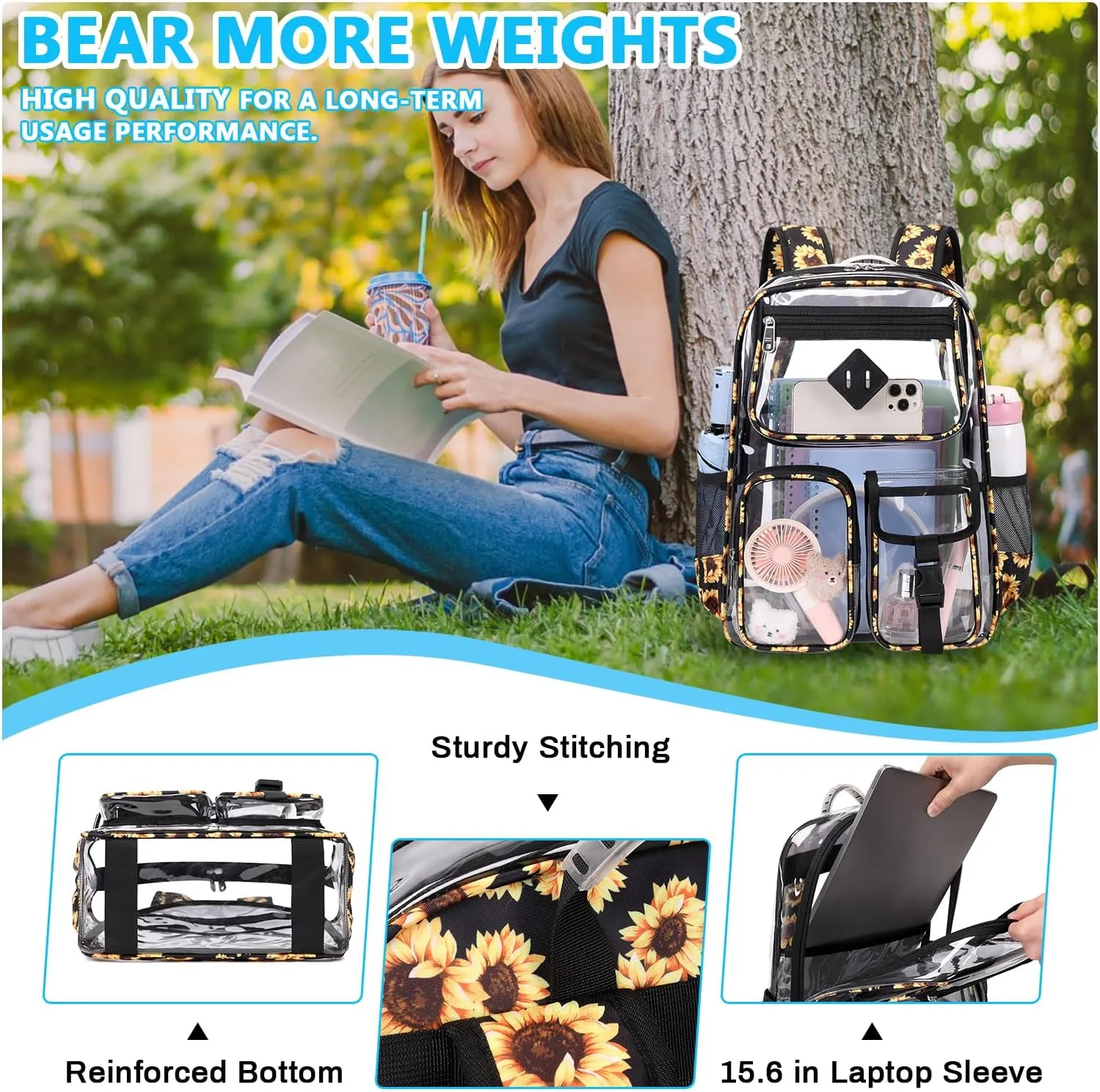 Clear Backpack for School,Heavy Duty PVC Transparent Bookbag for Girls Stadium Approved See Through Backpack