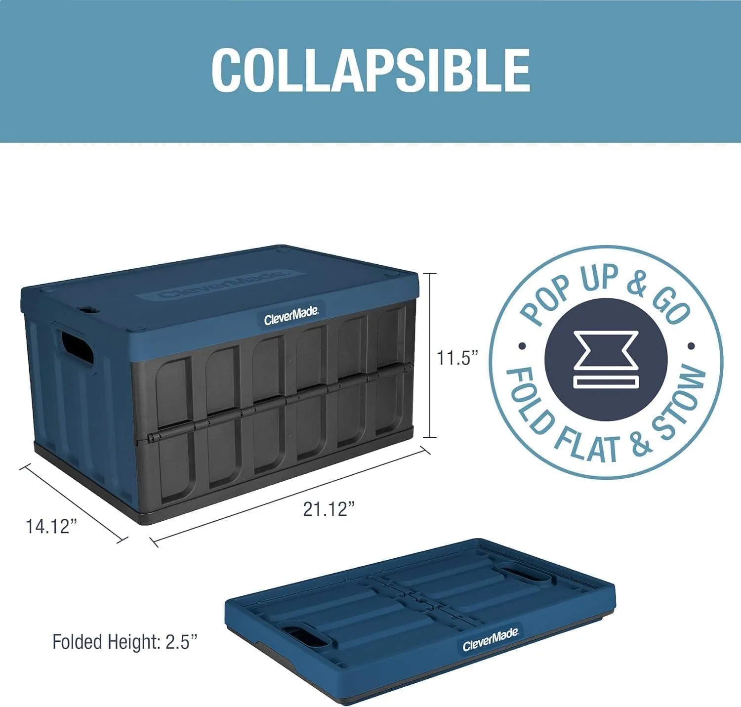 CleverMade Collapsible Storage Bins with Lids - Ocean 3 Pack 46L - Plastic Containers Stackable Organization Crates Home Closet Space-Saving Durable