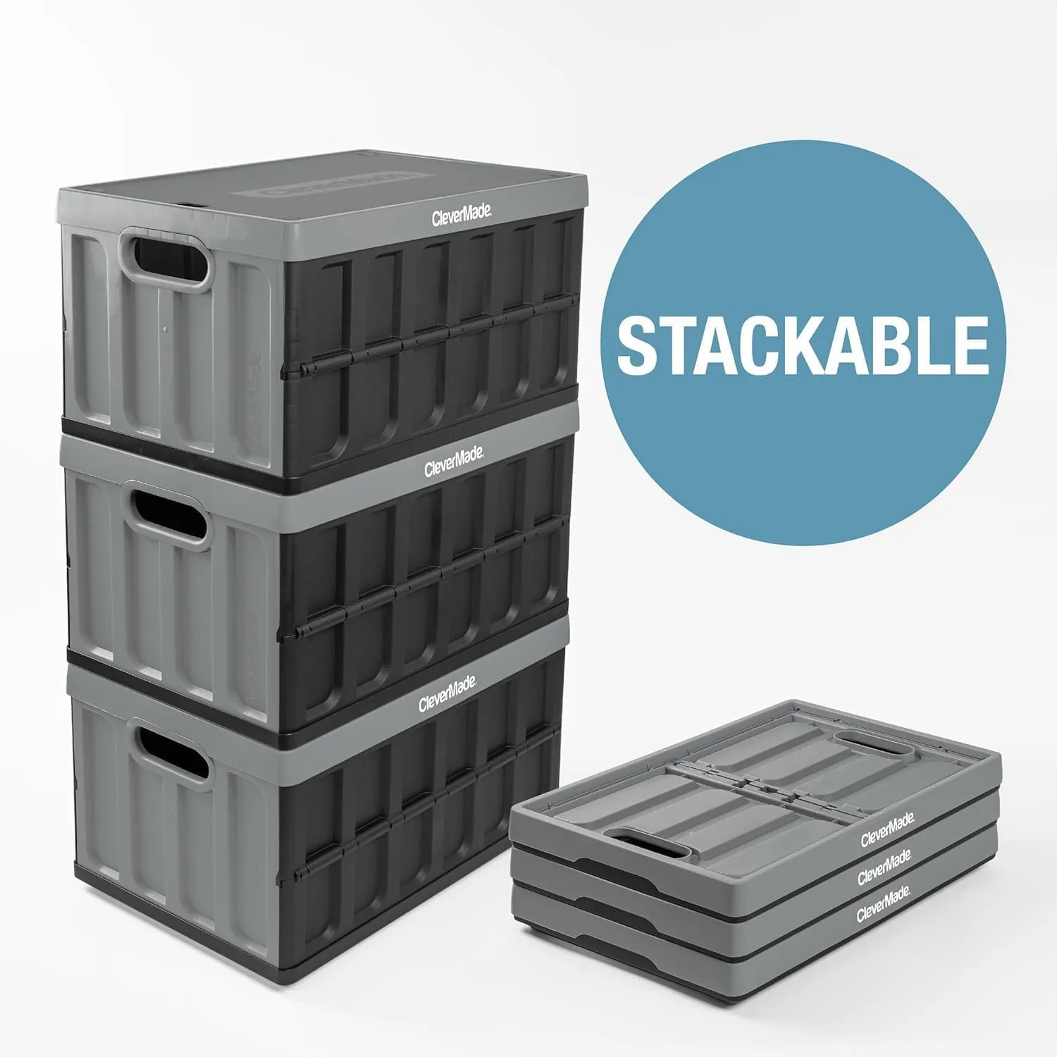 CleverMade Collapsible Storage Bins with Lids - Ocean 3 Pack 46L - Plastic Containers Stackable Organization Crates Home Closet Space-Saving Durable