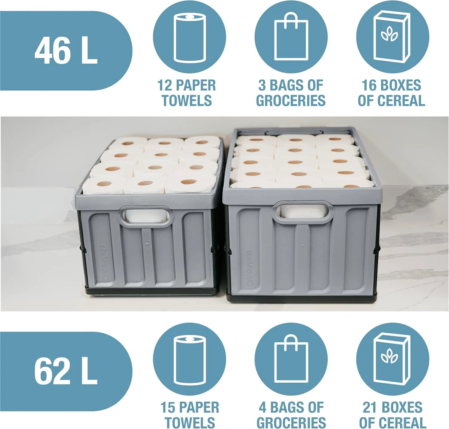 CleverMade Collapsible Storage Bins with Lids - Stone 3 Pack 62L - Plastic Containers Stackable Organization Crates Home Closet Space-Saving Durable