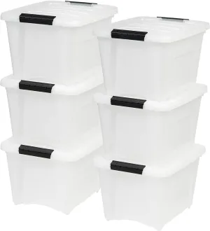 CLEVLI  53 Qt. Plastic Storage Bin Tote Organizing Container with Durable Lid and Secure Latching Buckles, Stackable and Nestable, 6 Pack, Pearl with Black Buckle