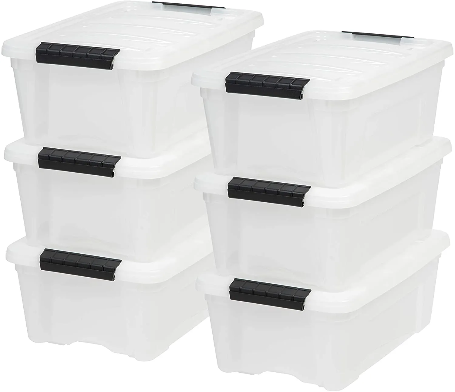 CLEVLI  53 Qt. Plastic Storage Bin Tote Organizing Container with Durable Lid and Secure Latching Buckles, Stackable and Nestable, 6 Pack, Pearl with Black Buckle