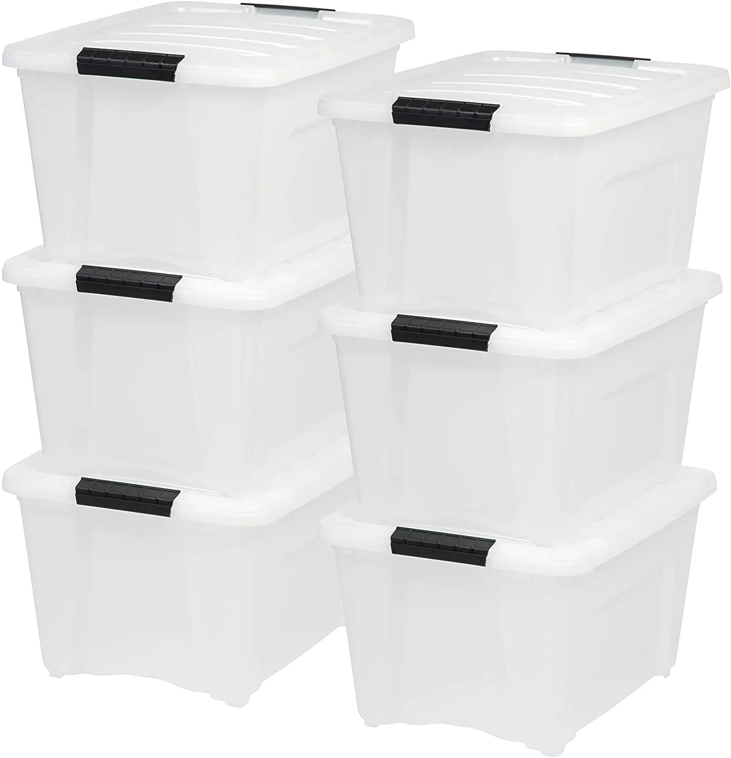 CLEVLI  53 Qt. Plastic Storage Bin Tote Organizing Container with Durable Lid and Secure Latching Buckles, Stackable and Nestable, 6 Pack, Pearl with Black Buckle