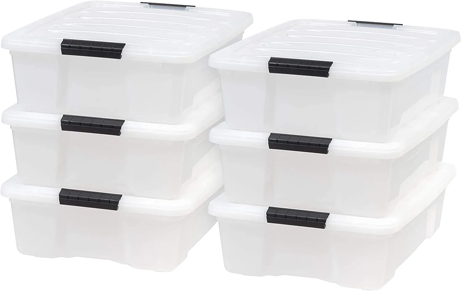 CLEVLI  53 Qt. Plastic Storage Bin Tote Organizing Container with Durable Lid and Secure Latching Buckles, Stackable and Nestable, 6 Pack, Pearl with Black Buckle