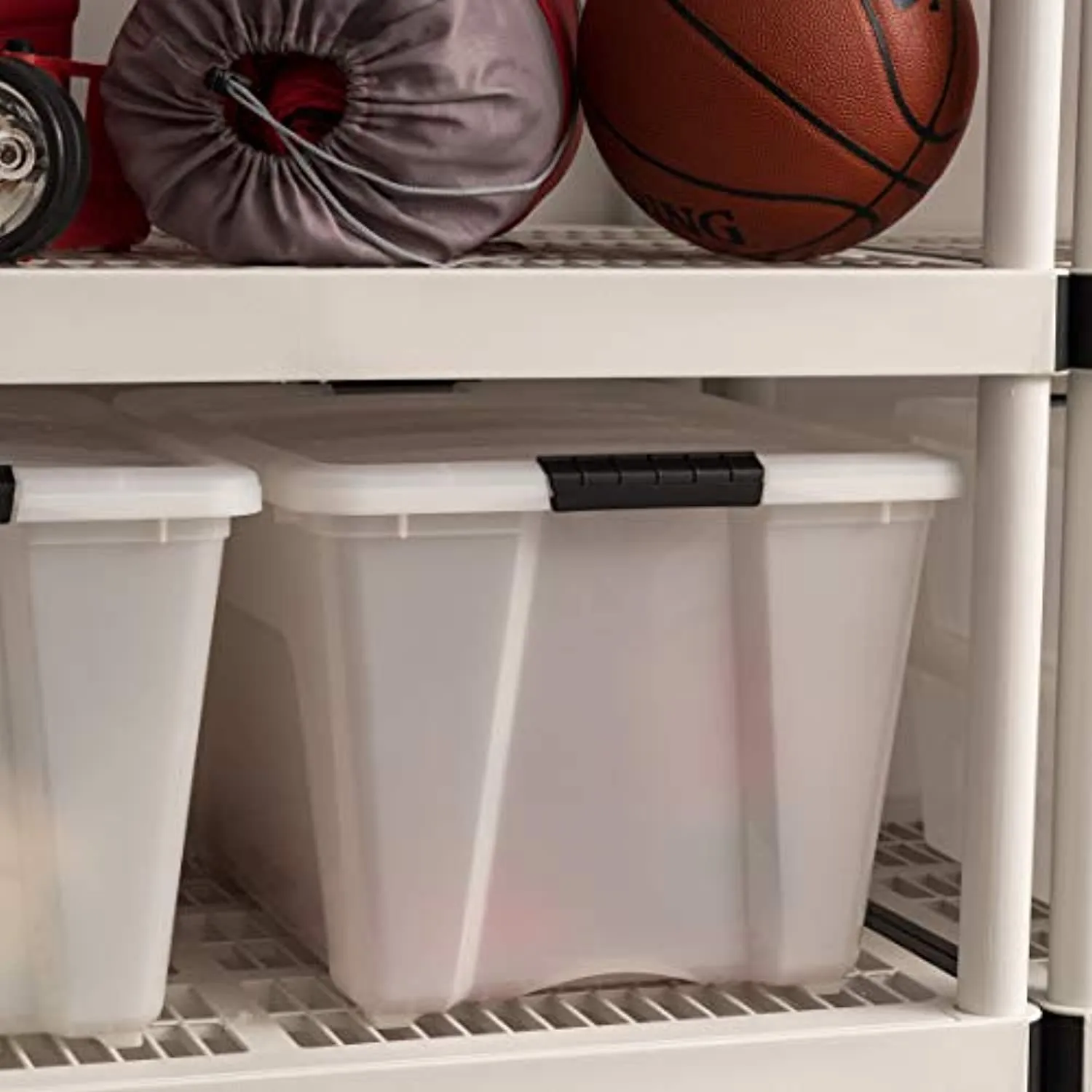 CLEVLI  53 Qt. Plastic Storage Bin Tote Organizing Container with Durable Lid and Secure Latching Buckles, Stackable and Nestable, 6 Pack, Pearl with Black Buckle