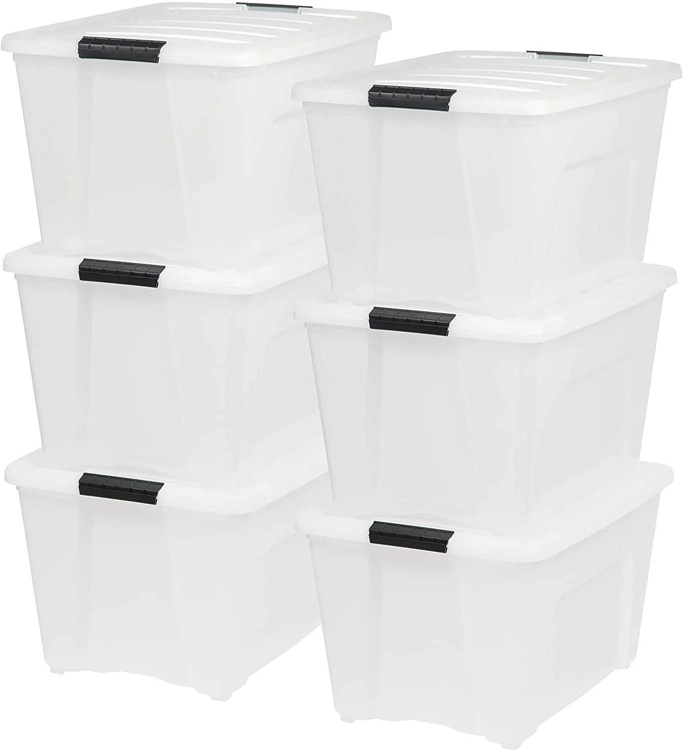 CLEVLI  53 Qt. Plastic Storage Bin Tote Organizing Container with Durable Lid and Secure Latching Buckles, Stackable and Nestable, 6 Pack, Pearl with Black Buckle