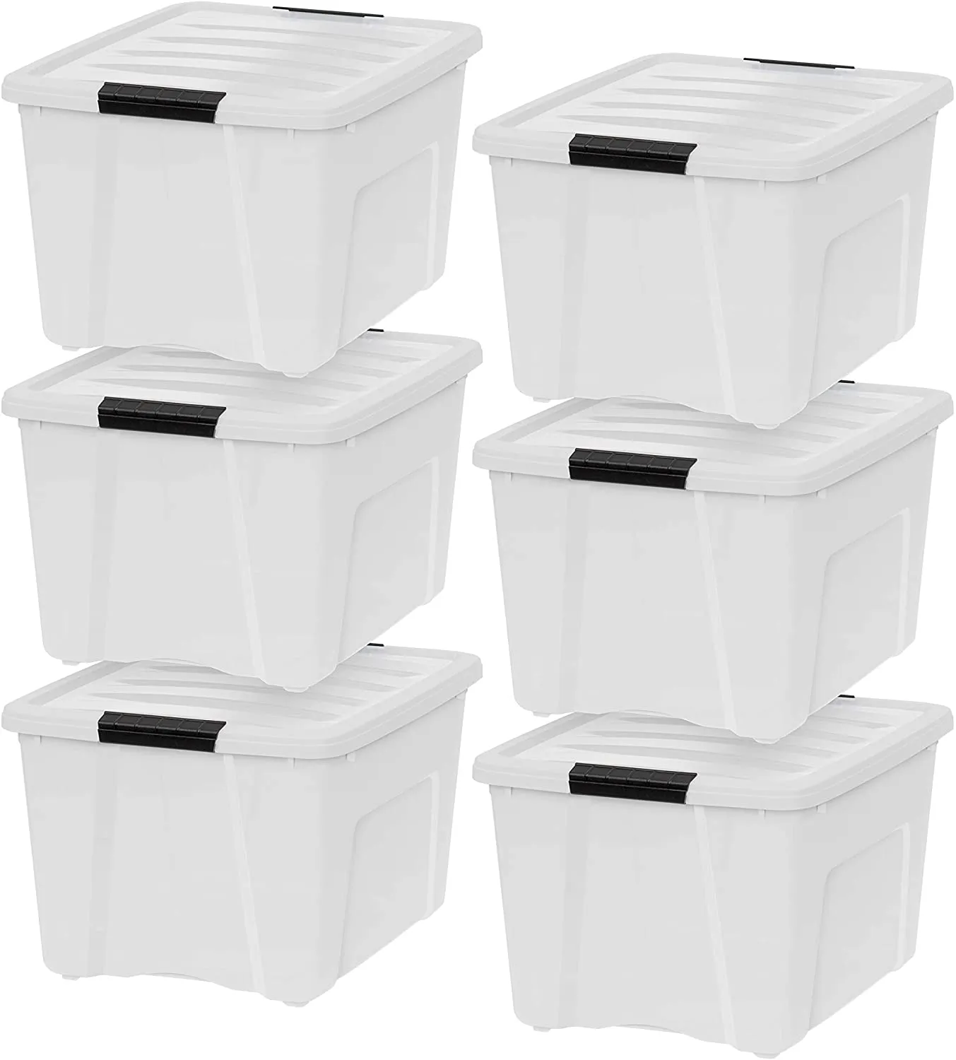 CLEVLI  53 Qt. Plastic Storage Bin Tote Organizing Container with Durable Lid and Secure Latching Buckles, Stackable and Nestable, 6 Pack, Pearl with Black Buckle