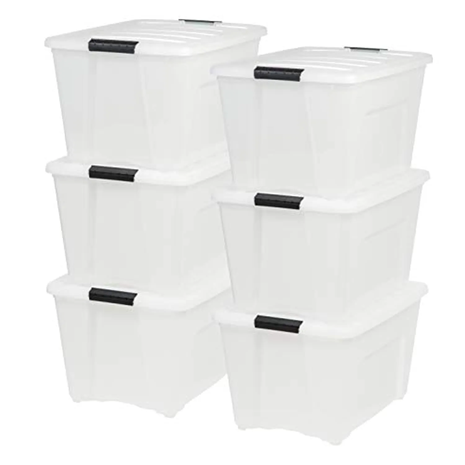 CLEVLI  53 Qt. Plastic Storage Bin Tote Organizing Container with Durable Lid and Secure Latching Buckles, Stackable and Nestable, 6 Pack, Pearl with Black Buckle