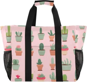 Colorful Flower Cactus Succulents Tote Bag for Women with Zipper Large Beach Bags Foldable Work Bag Totes Handbags for Gym Grocery Travel Pool